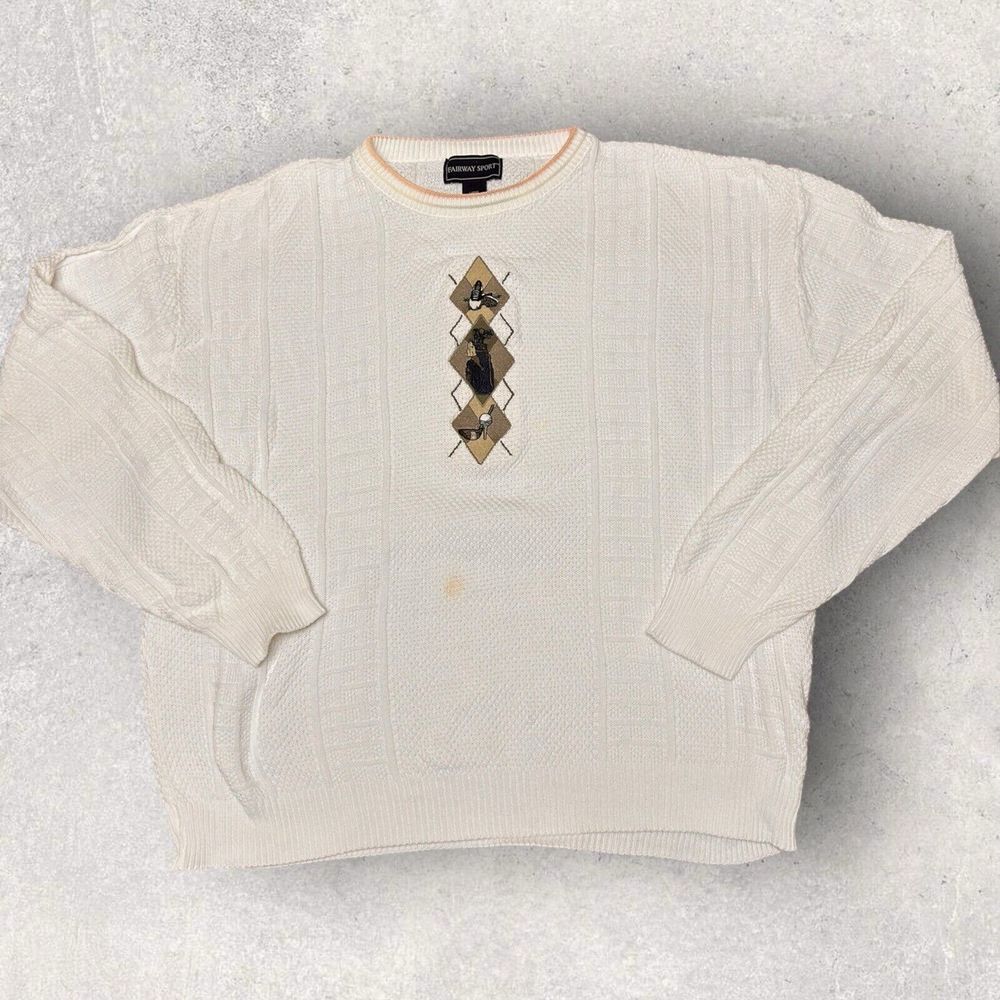 Vintage Fairway Sport Golfer Knit Sweater‎ USA MADE White Large Flaw